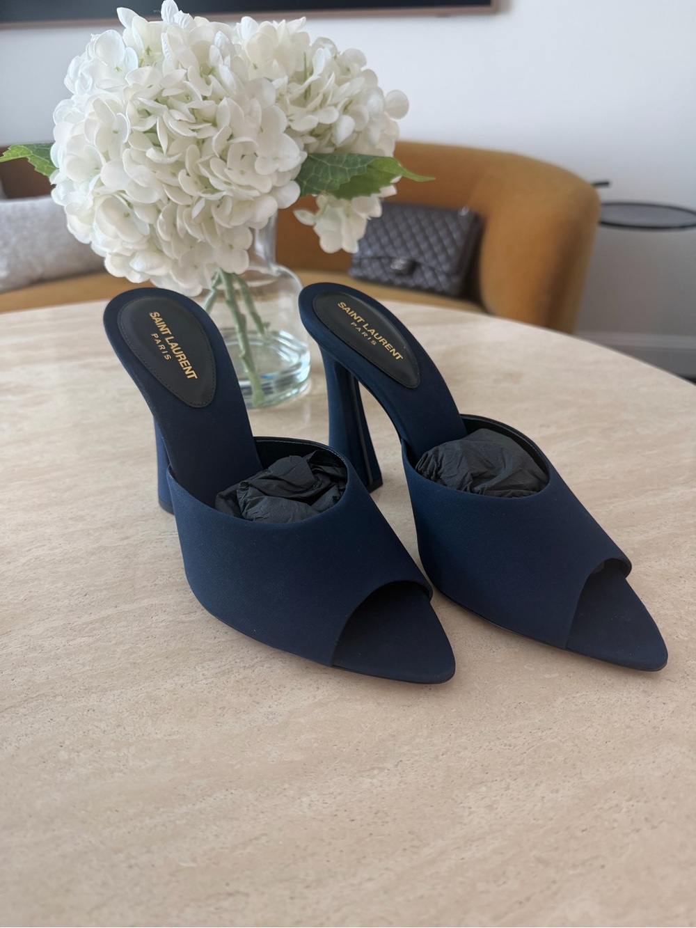 Saint Laurent Navy Open-Toe Mule Heels with Sculpted Heel